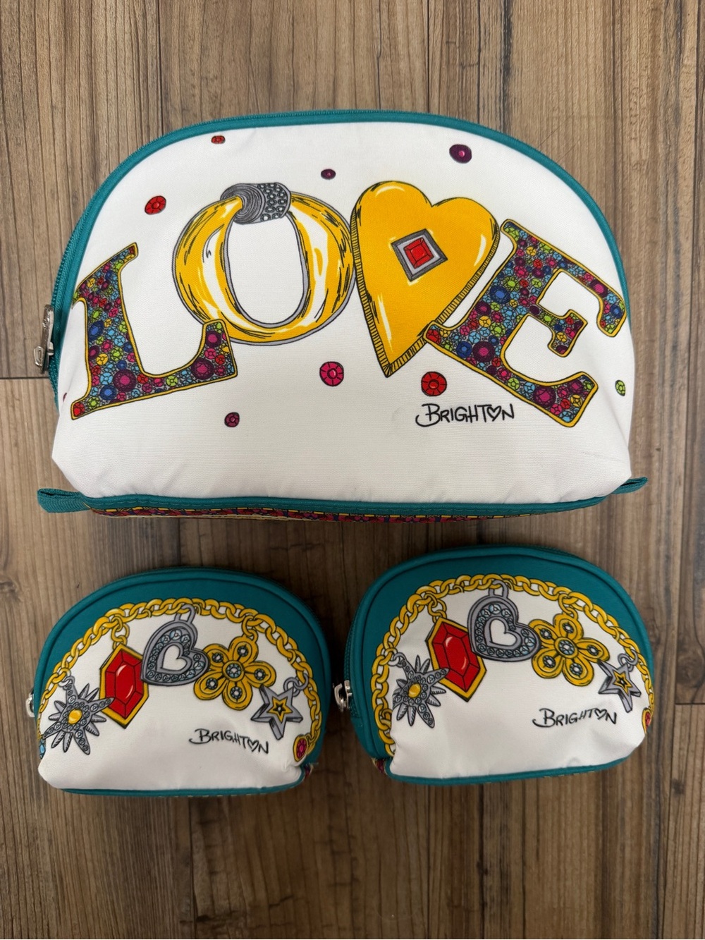 Brighton Teal & White 'Love' Cosmetic Pouch Set of three like new!